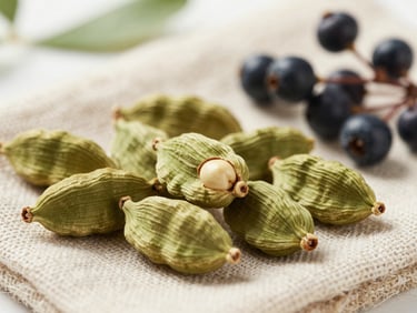 Macro shot of fresh green cardamom pods and wild juniper berries resting on a rustic linen cloth, natural soft side lighting