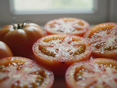 Close-up of vibrant, sliced heirloom tomatoes showing rich inner texture, glistening under soft morning light, 35mm