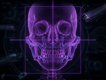 3d digital render of a glowing purple CBCT skull alignment with precise digital surgical guide overlay, moody low-key studio lighting, technical wireframes