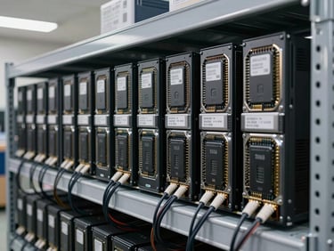 Wide shot of a row of enterprise SSD and HDD storage arrays on a clean metal shelf, bright even warehouse light, cables neatly managed