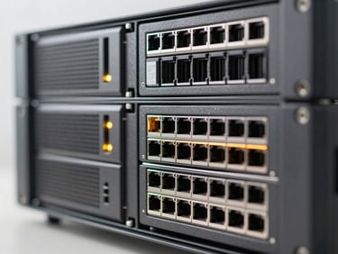 Extreme close-up of a rack-mount server front panel, multiple drive bays and status LEDs visible, bright even studio lighting, shallow depth of field on the port array