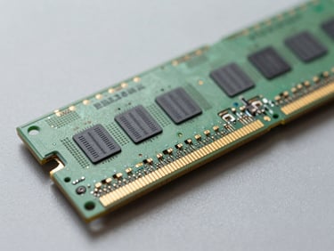 Extreme close-up of RAM modules lined up on a matte grey surface, bright diffused light, gold contacts visible in sharp detail