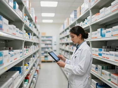 Wide interior shot of a modern pharmaceutical warehouse in Mogadishu, clean white shelves stocked with medicine boxes, a technician in clinical attire inspecting a digital log.
