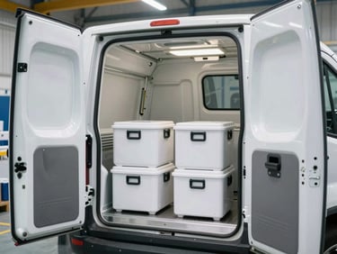 A temperature-controlled delivery vehicle with open doors showing clean, organized, insulated medicine transport crates inside a bright logistics bay.