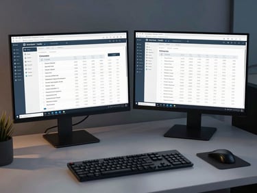 Wide shot of a dual-monitor workspace showing ecommerce backend interface with inventory and order data, clean desk, cool ambient light, screens sharp and data-forward