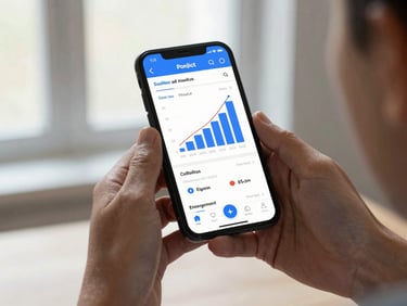 Hands holding a smartphone displaying a social media analytics screen with follower growth chart and engagement data, clean background, natural window light, data in focus