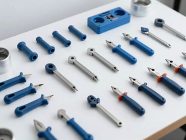 Organized technical workbench with precision tools and clean hardware components laid out neatly under bright natural studio light