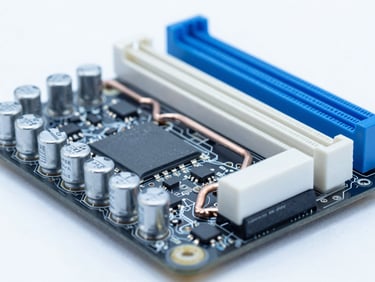 Macro shot of a clean computer motherboard, bright studio lighting, cool blue undertones, sharp focus on capacitors and copper heat pipes