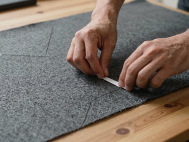 Extreme close-up of hands pinning a paper pattern onto a heavy slate-gray wool fabric on a wide oak cutting table, soft northern daylight highlighting the fine weave.