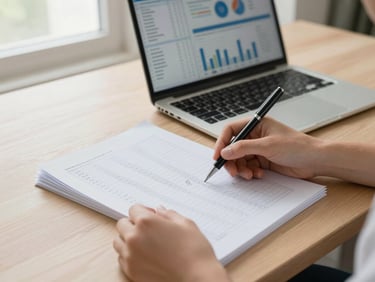 Hands of a woman reviewing printed spreadsheet pages on a light wood desk, pen in hand marking specific figures, a laptop open to an analytics dashboard in the background, natural morning light from a window to the left, no faces visible