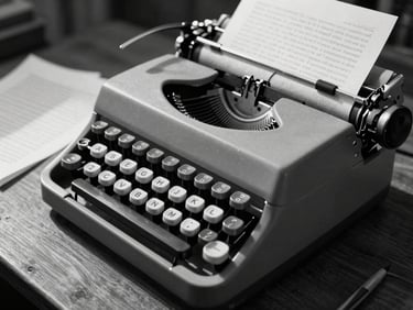 Tight, close-up high-contrast black and white photograph of a vintage typewriter on a dark wooden desk, harsh directional side light casting long shadows across heavily redacted manuscript pages.