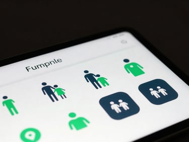 Extreme close-up of a tablet screen showing a family dashboard interface with clean vector icons and crisp typography, moody dark background