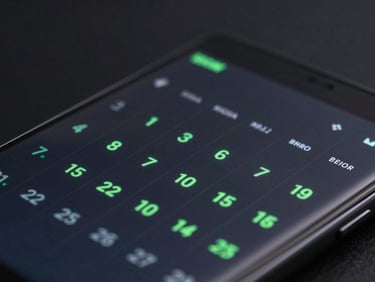 Macro shot of a high-end Android smartphone displaying a dark-mode calendar grid with crisp electric green typography, soft neon backlighting