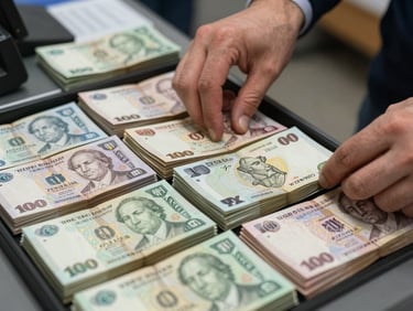 Overhead close-up of neatly stacked foreign currency notes on a transaction counter under studio lighting, hands visible sorting denominations