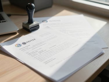 Tidy office desk with official documents, a verification stamp, and a printed license certificate visible under bright window light, no faces shown