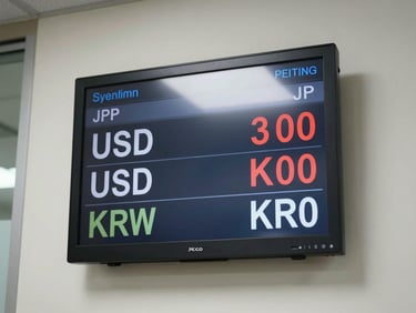 Close-up of a live currency rate display screen mounted on a wall inside a money changer office, showing USD JPY KRW rates in sharp focus under fluorescent daylight