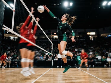 Dynamic low-angle action shot of a volleyball player spiking the ball over the net, high-contrast indoor sports lighting, emerald green jersey accents, freeze-frame action, 35mm
