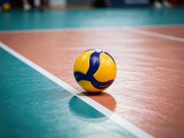 Close-up of a volleyball hitting the court floor with dust particles illuminated by a sharp spotlight, high-contrast, 35mm.