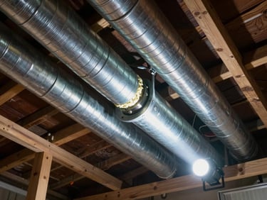 Overhead view of ductwork in an attic crawl space, flexible duct connections visible, a flashlight beam illuminating insulation and metal fittings, wooden joists framing the space