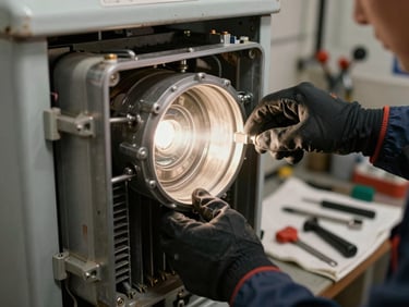 Close-up of a technician's gloved hands inspecting a gas furnace heat exchanger, work-light illuminating the metal interior, tools on a drop cloth nearby, basement utility room setting