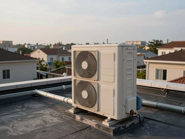 Wide shot of a rooftop AC condenser unit on a residential flat roof, afternoon overcast light, refrigerant lines running through a roof penetration, surrounding neighborhood rooftops visible in background