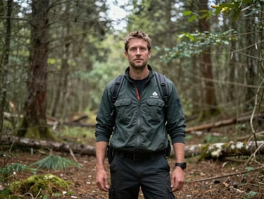 Environmental portrait of a wilderness paramedic instructor in a forest clearing, soft overcast light, realistic, 35mm