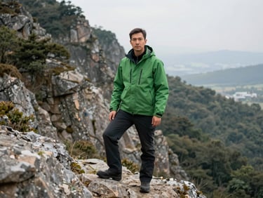 Environmental portrait of a mountain rescue instructor in a green jacket standing on a rocky ridge, soft daylight, realistic, 35mm