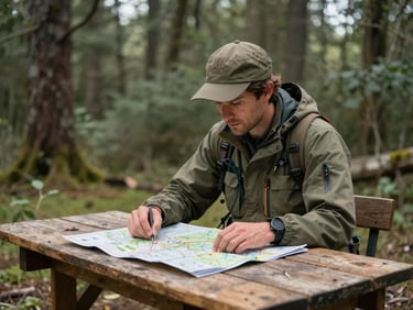 Environmental portrait of an outdoor survival instructor showing a map on a wooden trailside table, soft natural light, 35mm