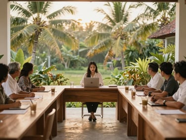 Warm editorial photography of a professional meeting in an open-air tropical office in Bali, wooden desks, green foliage background, soft golden-hour daylight, 35mm