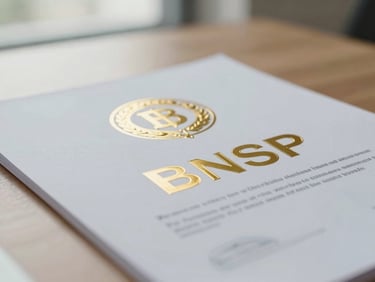 Close-up of a gold-embossed official BNSP certification document resting on a clean wooden desk, bright natural window lighting