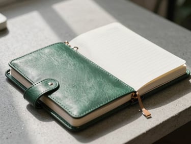 Close-up of a structured leather planner on a minimalist concrete desk, soft natural north-facing daylight, sharp shadows, 35mm lens.