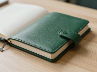 Extreme close-up of a structured leather planner on a minimalist oak desk, soft diffused natural daylight, deep green shadow details, editorial style