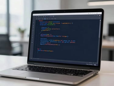 A clean, modern laptop screen displaying a terminal interface with secure code execution, shallow depth of field, crisp office lighting, cool gray and navy tones