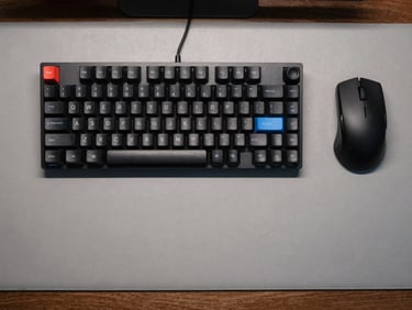 Top-down flat lay of a clean desk setup with a mechanical keyboard, a matte black mouse, and a minimalist desk mat under diffused cool studio lighting