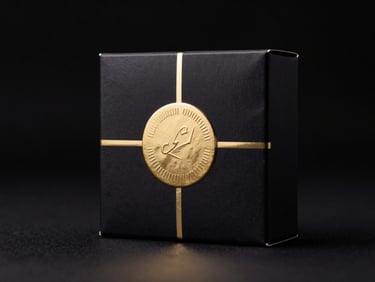 Pristine luxury product packaging with gold foil seal, dramatic low-key studio lighting, deep black background, 85mm