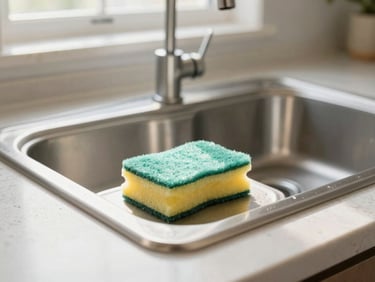 Close-up of a sparkling clean kitchen sink and faucet, reflecting natural light, with a clean sponge and dish soap neatly placed beside it on a stone countertop.