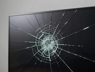 Close-up of a cracked TV screen surface, fracture lines radiating from impact point, bright studio lighting showing damage sharply, neutral grey background, tight frame filling the shot