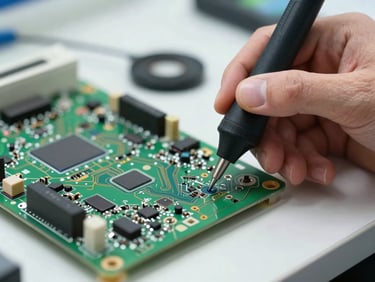 Tight close-up of a technician's hand pressing a diagnostic probe against a TV circuit board on a white workshop surface, bright studio light, sharp focus on the probe tip and board traces