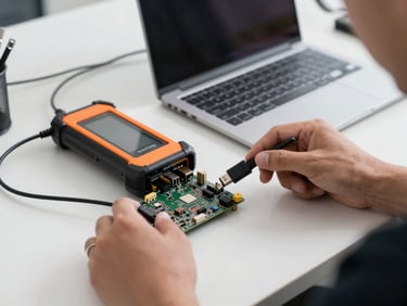 Technician hands connecting a laptop diagnostic tool to a Smart TV mainboard via USB cable, workshop bench, bright daylight studio lighting, close-up of the connection point