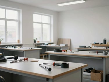 Wide environmental shot of an organized repair workshop, white walls and neutral grey workbenches with tools neatly arranged, bright north-facing daylight through large windows, no people present