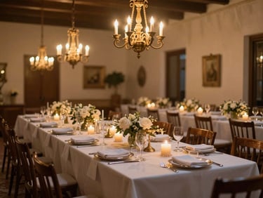 Wide shot of a private historic salon in Spain, softly lit by warm chandeliers and candlelight, prepared for an intimate event, elegant and quiet atmosphere.