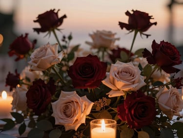 Close-up of intricate, rich burgundy and champagne floral arrangements at dusk, illuminated by soft candlelight glow, shallow depth of field, warm editorial style.