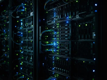 Macro shot of high-density server rack, blinking electric blue and green LED status lights, dark moody server room, high contrast, 35mm.
