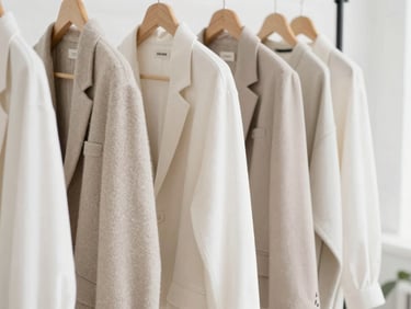 Bright high-key fashion photography, soft natural daylight, neatly arranged clothing racks with premium fabrics in soft neutral tones, crisp details, 50mm lens