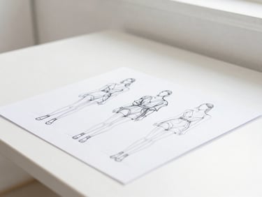 Bright high-key fashion photography, soft natural daylight, close-up of a designer sketching on a clean white table, crisp details, 50mm lens