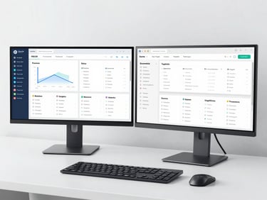 Clean workspace showing a dual monitor setup with e-commerce logistics dashboards, bright cool white lighting, 35mm