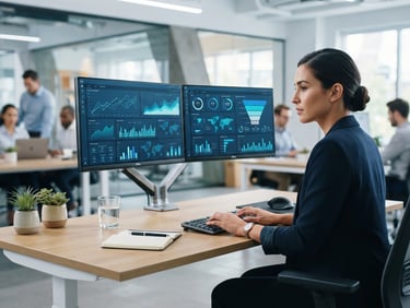 A clean, modern corporate office with dual monitors displaying e-commerce analytics dashboards, bright cool blue studio lighting, sharp focus, 35mm