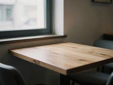 Atmospheric restaurant interior, empty wooden table near a sunlit window, soft shadows, minimalist editorial photography