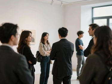 Candid moment at a cultural event, guests talking in a softly lit gallery space, natural light, shallow depth of field