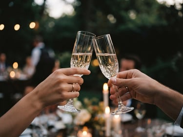 Close-up of hands clinking glasses at an elegant outdoor evening reception, soft candle light, warm neutral tones, shallow depth of field, 35mm film aesthetic